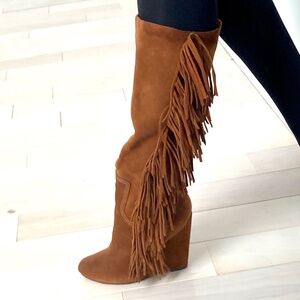 ALDO Fringe Wedge Boots - Cognac Brown Faux Suede - Size 36